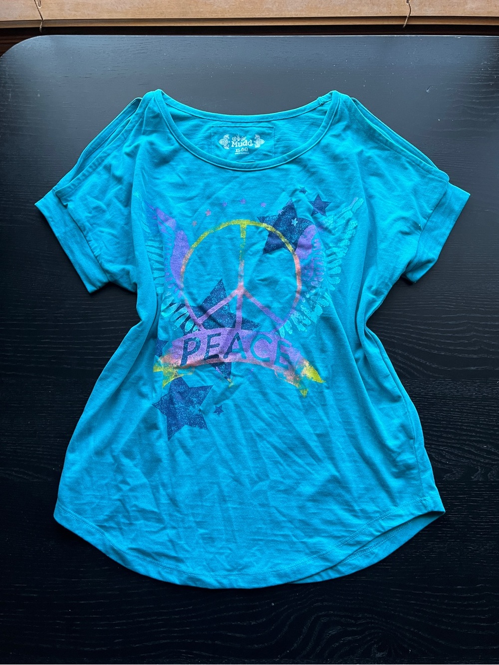 Mudd Teal Cold-Shoulder Peace Sign Graphic Tee Size XL (16)